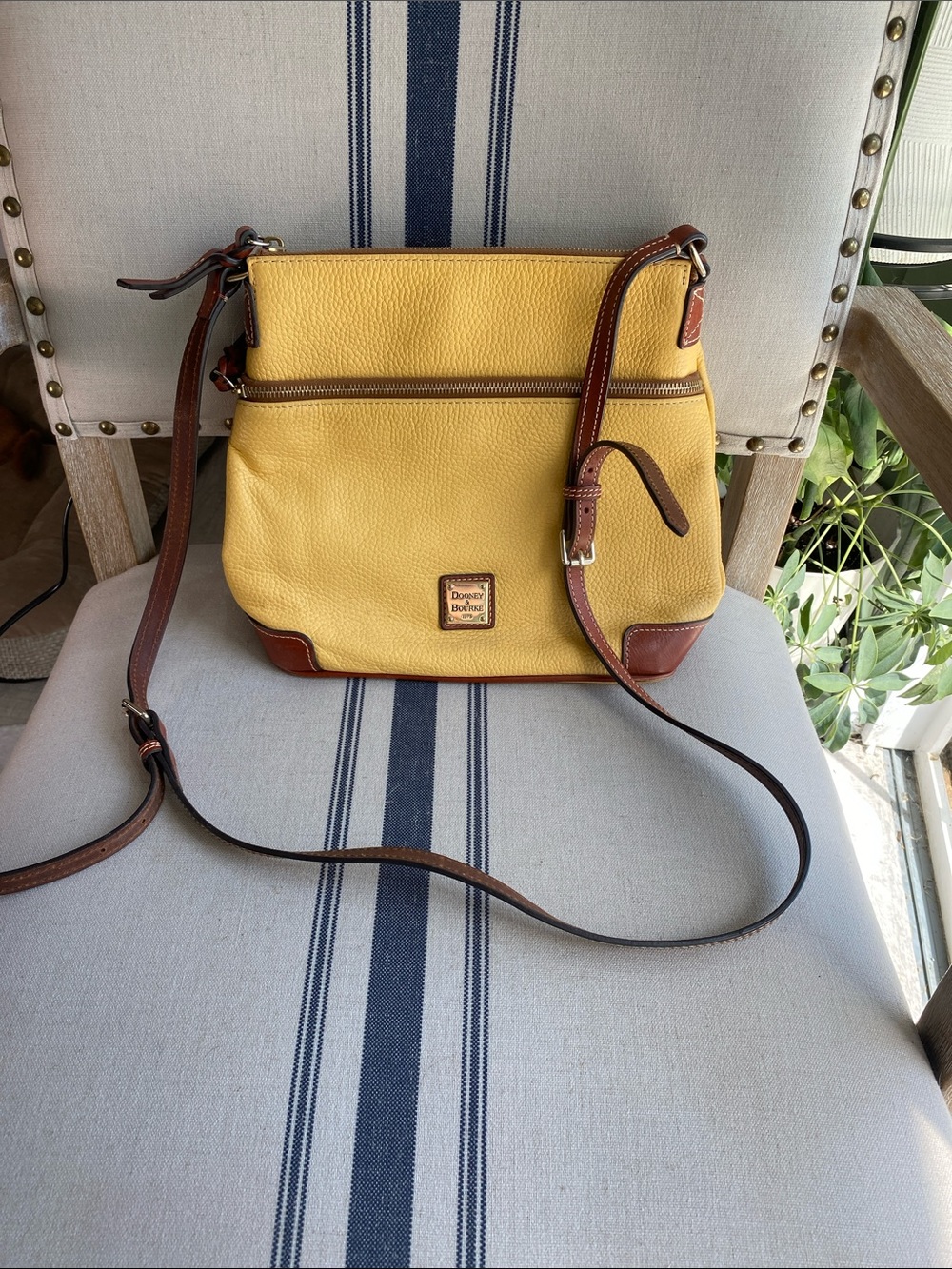 Dooney & Bourke Yellow Leather Crossbody with Brown Trim and Adjustable Strap